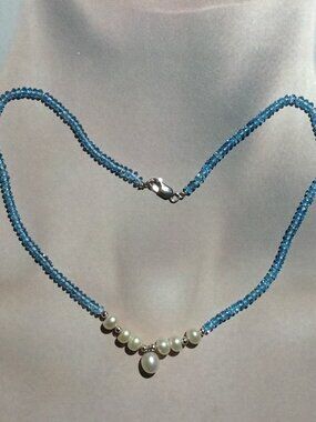 Natural Faceted Blue Topaz Beads and Freshwater Pearl Necklace
